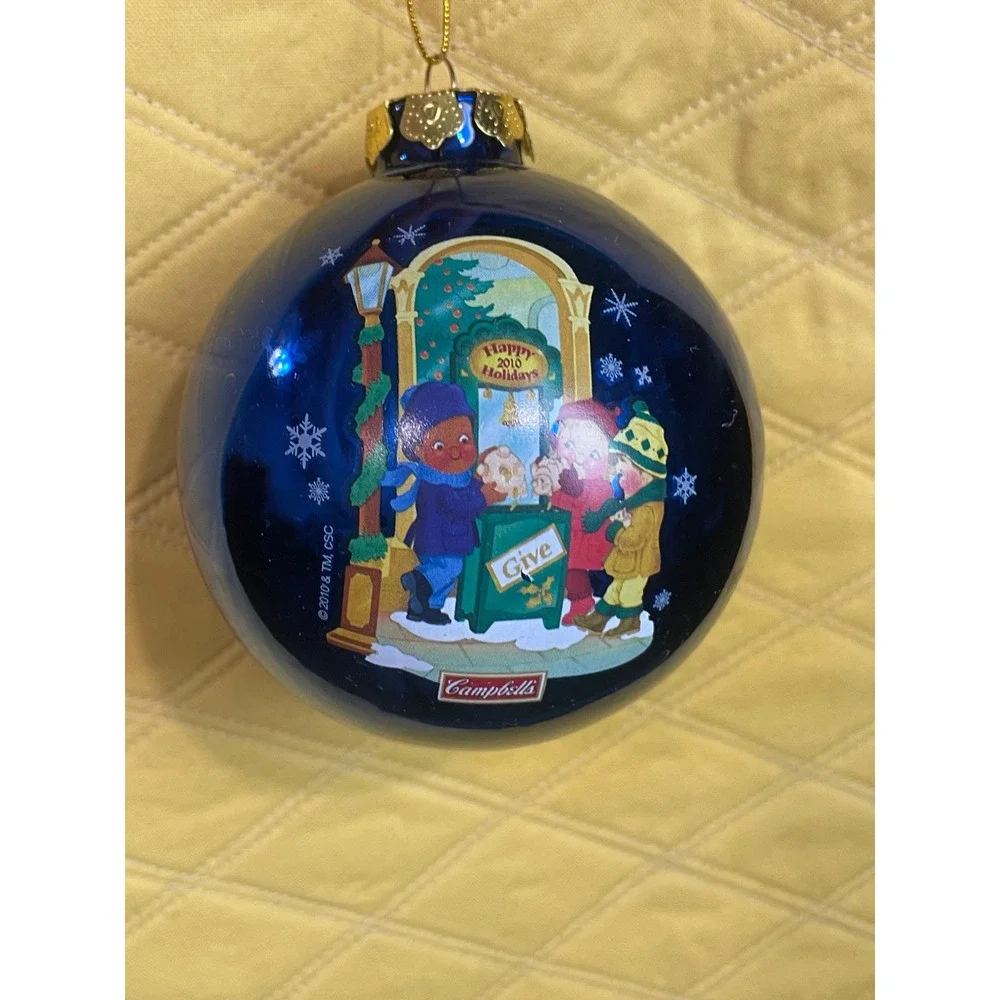 Campbells Soup 2010 Holiday Cobalt Blue Glass Ball Ornament Christmas Children
